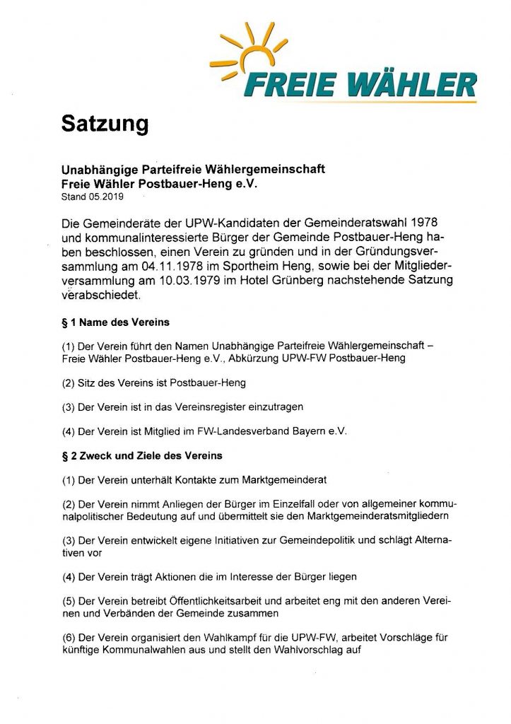 UPW-FW Postbauer-Heng Satzung 2019 Seite 1